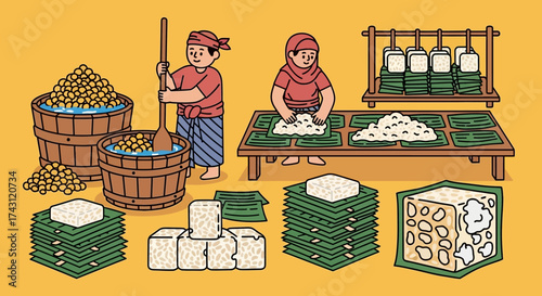 Traditional Tempeh Making Process Illustration with People and Soybeans.
