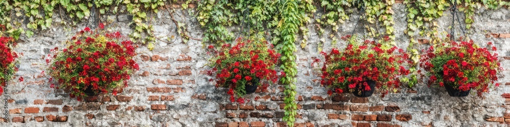 Naklejka premium Floral hanging baskets on a weathered brick wall with lush greenery