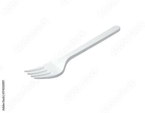 Simple white plastic utensil, a fork, isolated on a dark, black background