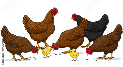 A group of hens and chicks pecking at food on a white background