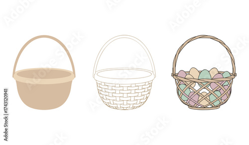 A set of three woven baskets one solid one outline one filled with pastel colored eggs wicker