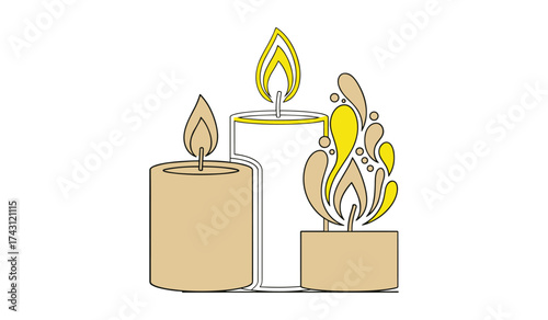 A set of three stylized candles with tan bodies and yellow flames on a white background fire light