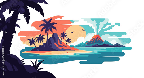 Tropical Island Paradise - A Vector Illustration of a Volcanic Landscape.