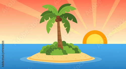 Tropical Island Paradise with Palm Tree and Sunset Illustration.