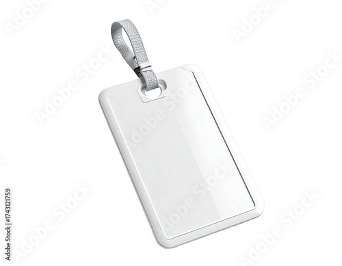 Glossy white luggage tag with silver loop and rounded corners on a black background