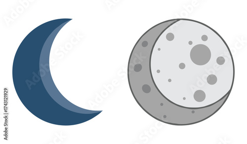 Blue crescent moon and gray full moon with craters night