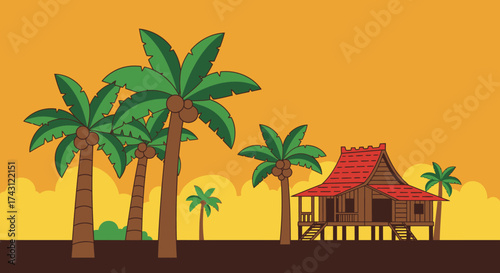 Tropical Village Scene with Palm Trees and Traditional House.