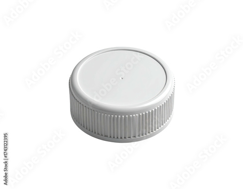 A close-up, isometric view of a white plastic bottle cap, lit on a black backdrop