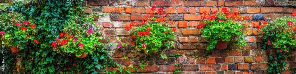 Obraz premium Brick wall with green and red plants for background or decoration