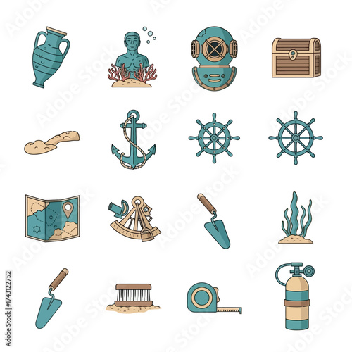 Underwater Archaeology Icons - Exploring the Depths of History.