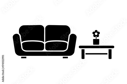 Black sofa and table with flower isolated on white background