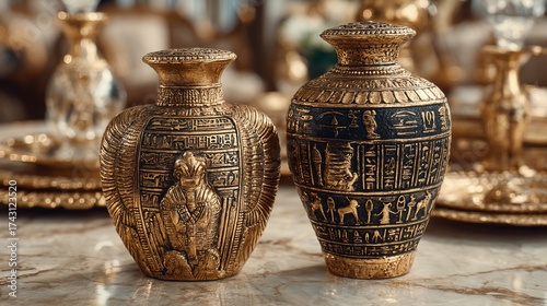 Golden Egyptian Vases Featuring Hieroglyphics on a Marble Surface Displayed Elegantly