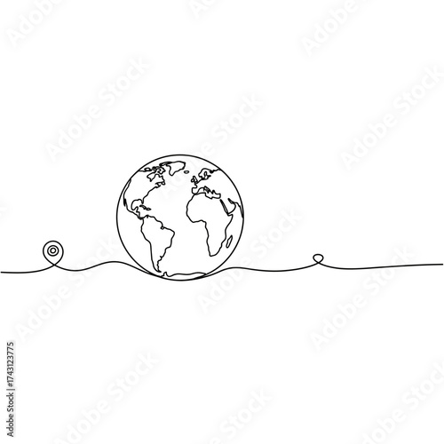 A continuous single line drawing of the Earth globe with a location pin, symbolizing a global journey or destination.