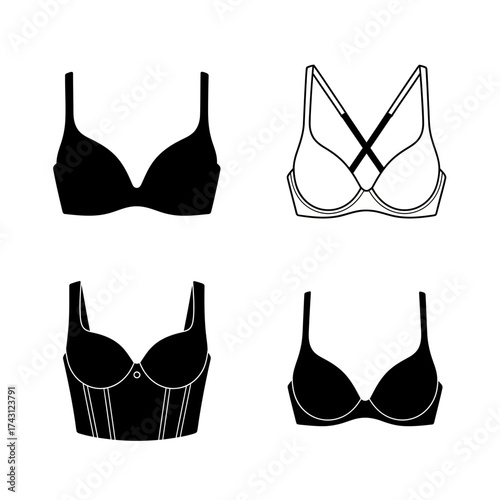 A collection of four different bra designs, including a black push-up bra, a white and black strappy bra, a black bustier-style bra, and another black bra.