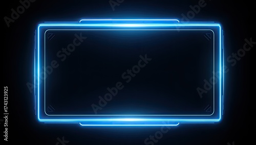 Glowing blue rectangular interface with rounded corners, blank center on a black background