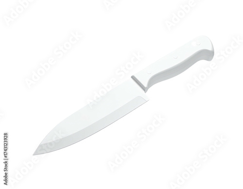 Isolated image of a chef's knife, all white, with handle, sharp blade, and tip