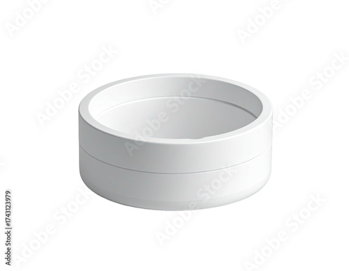 A white, cylindrical container with a stepped interior sits against a dark background