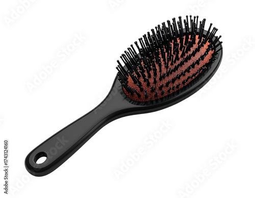 Oval black handle hairbrush with dark bristles on a bronze-toned base