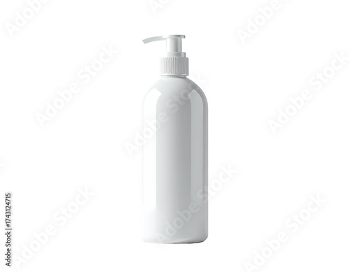 Shiny, white plastic bottle with a pump dispenser against a stark black background