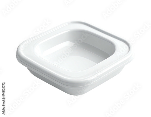A white, square, plastic takeout container with an angled rim and shiny surface