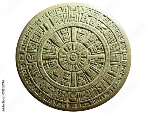 Weathered Mayan Calendar Stone with Cracks, Angled Perspective, Isolated