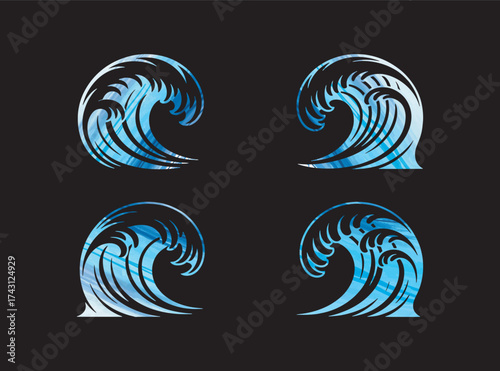 Stylized Ocean Waves in Teal and Blue on Black