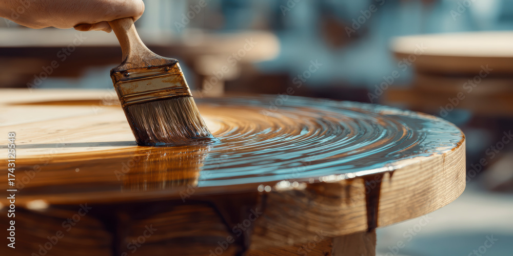 Obraz premium applying shellac over stian in wood table with a brush. AI generative.