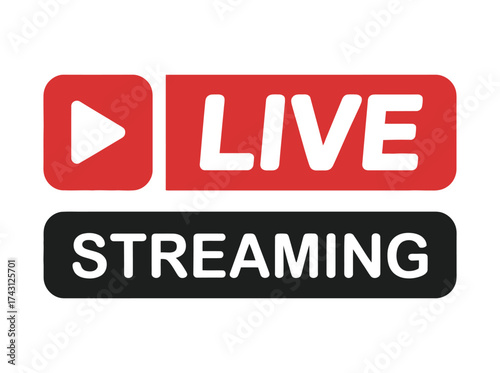 Red play button and live streaming text for broadcasting and online video content