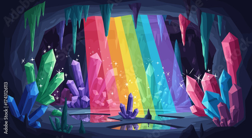 Vibrant Crystal Cave with Rainbow Light and Reflective Pool.
