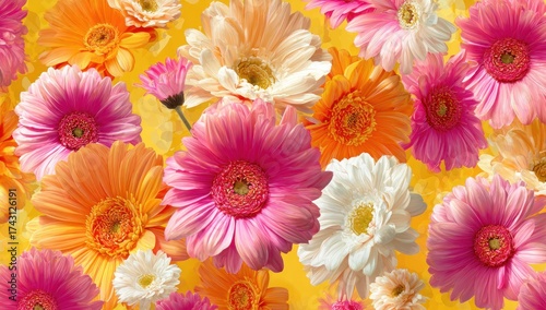 Wallpaper Mural A vibrant, close-up of multi-colored gerbera daisies against a bright yellow background Torontodigital.ca
