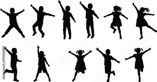 Children silhouette, jumping kids, playful movement, joyful pose, black outline, white background, celebration moment, childhood energy, dancing figures, happy children, expressive posture, fun activi