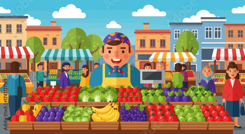 Vibrant Farmers Market Scene with Fresh Produce and Vendors.