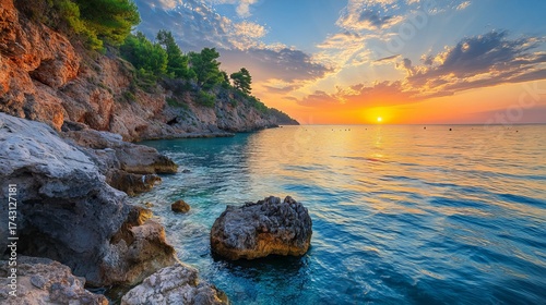 Fototapeta Naklejka Na Ścianę i Meble -  Beautiful mediterranean seascape in turkey at sunset, tranquil coastal landscape photography