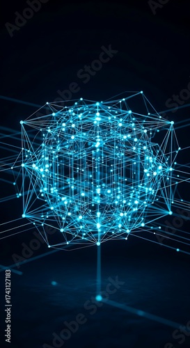 Dynamic digital network pulsing with vibrant light in a dark space