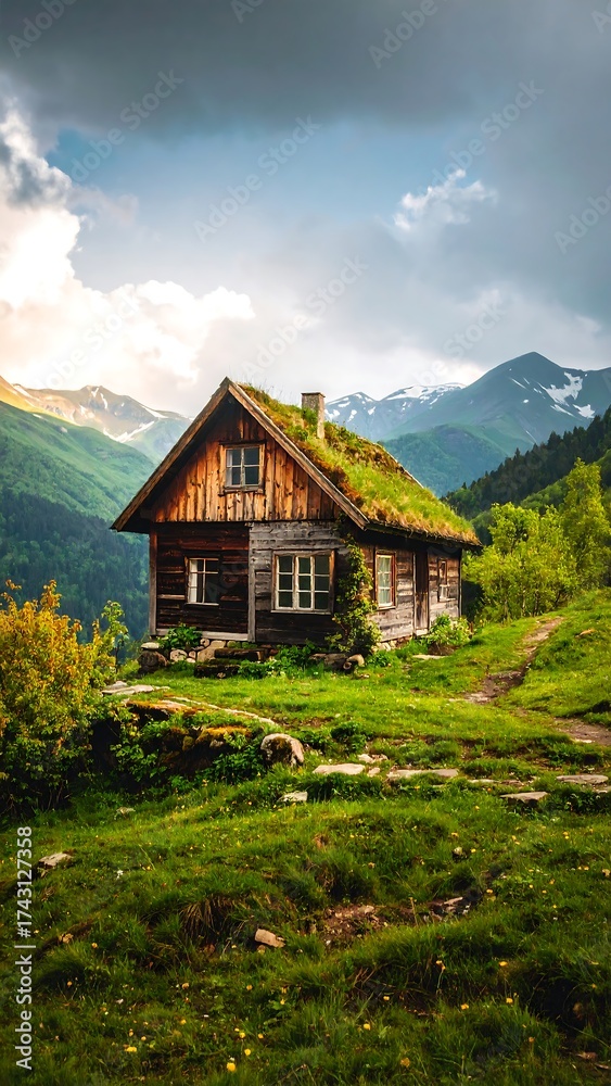 Fototapeta premium Idyllic Rustic Wooden Cabin Nestled in Mountainous Landscape