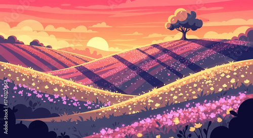 Vibrant Flower Field Landscape with Rolling Hills and a Solitary Tree at Sunset.