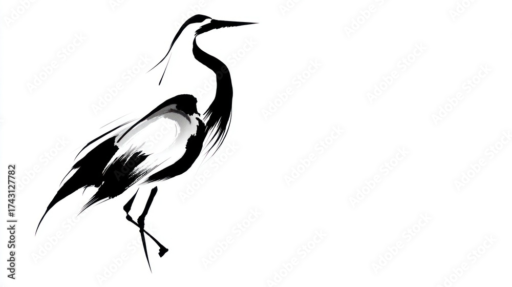 Fototapeta premium Elegant crane illustration ink brushstroke on white background