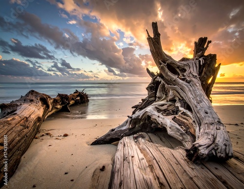 Coastal driftwood scene with beautiful sky at sunset