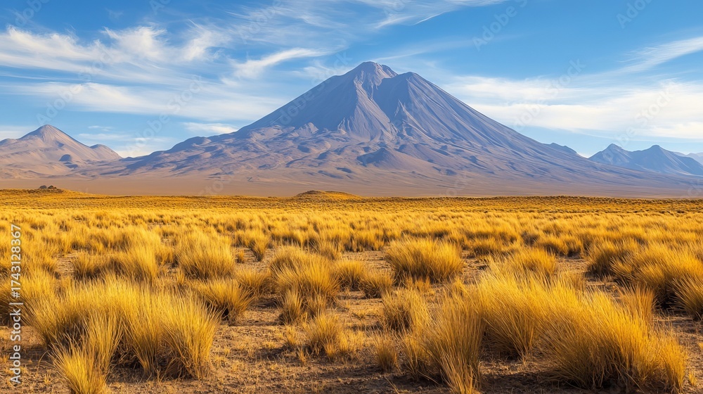 Fototapeta premium Atacama desert savanna with distant volcano and mountain landscape