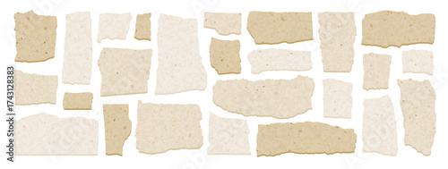 Torn paper piece. Old craft paper. Tear rip vector. Sheet edge, frame background. White, beige old craft page bg. Cut note scrap texture. Grunge vintage torn papers shape. Tear and rip scratch label