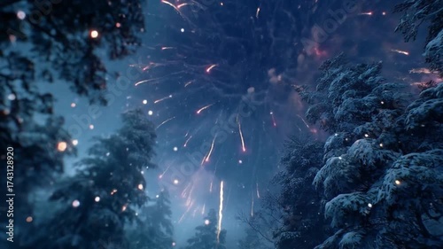Fireworks display bursting above winter forest night sky celebration