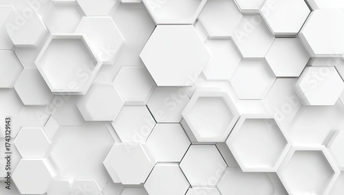 Abstract, 3D honeycomb-like pattern with hexagonal shapes in varying elevations, all white