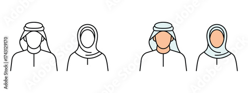 Arabic Muslim man and woman couple icon vector. cultural diversity and modern simplicity symbol. vector illustration.