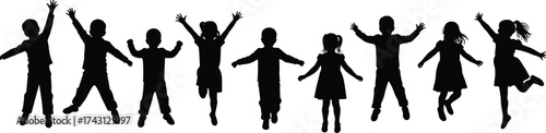 Children silhouette, jumping kids, playful movement, joyful pose, black outline, white background, celebration moment, childhood energy, dancing figures,
