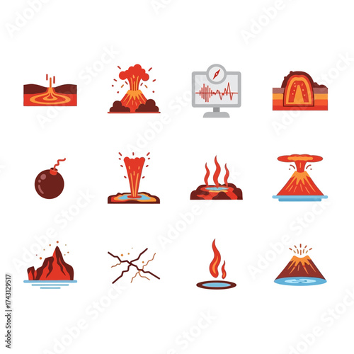 Volcanic Eruptions and Seismic Activity Icons Set.