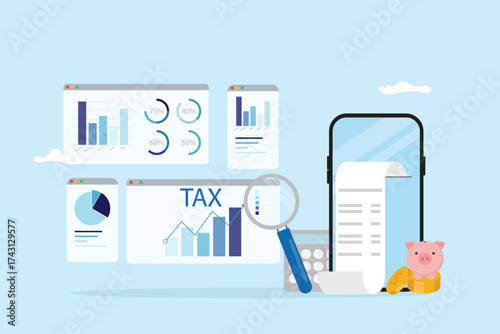 Tax payment concept. Financial report auditor and calculation tax return, debt payment for Government, State taxes, Tax planning Due date. Data analysis presenting dashboard illustration flat design