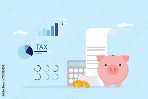 Tax payment concept. Financial report auditor and calculation tax return, debt payment for Government, State taxes, Tax planning Due date. Data analysis presenting dashboard illustration flat design