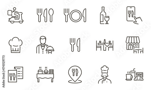 Catering restaurant service, cutlery and food delivery icons set. Food, plate, fork, knife, spoon, mobile app thin line vector illustration