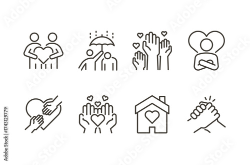 Charity, support and community support icons set.Thin line vector illustration for solidarity, donation, care, love