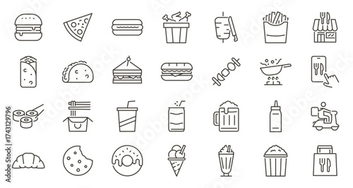 Fast food icons set. Thin line vector illustration restaurant delivery snacks drinks. Burger, pizza, sandwich, hot dog, soda, sweets